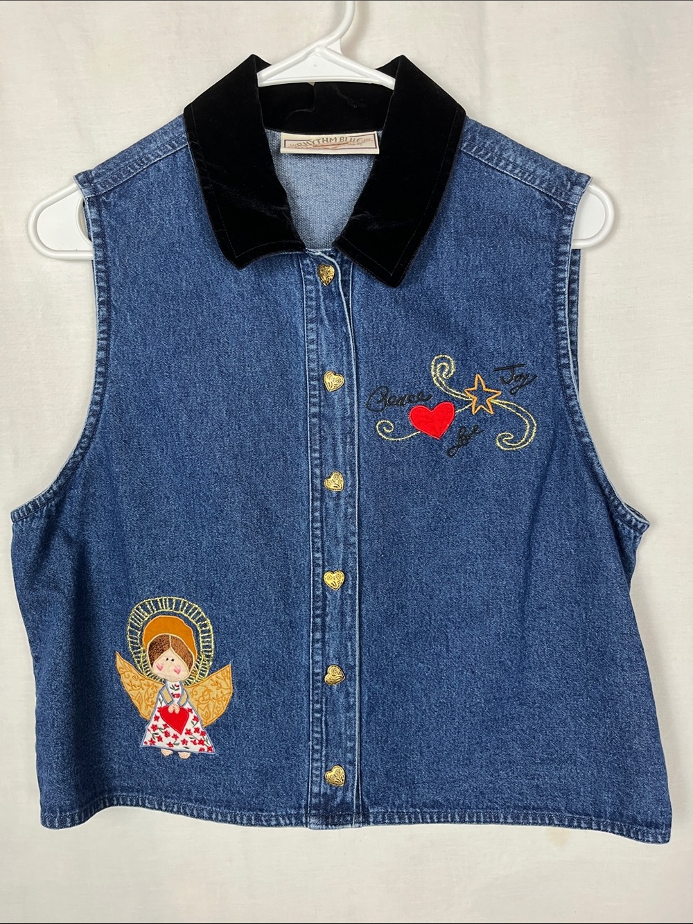 Vintage 1990s Rhythm Blue Denim Christmas Angel Cropped Vest